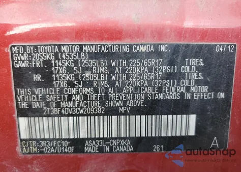 2012 Toyota Rav4 from USA, damaged, VIN 2T3BF4DV3CW209382